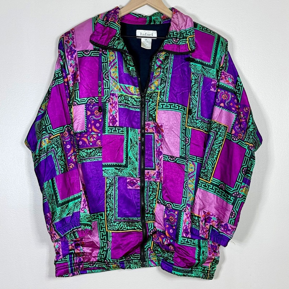 Rafael Womens Patchwork Windbreaker Bomber Jacket M Purple Green Vintage Satin